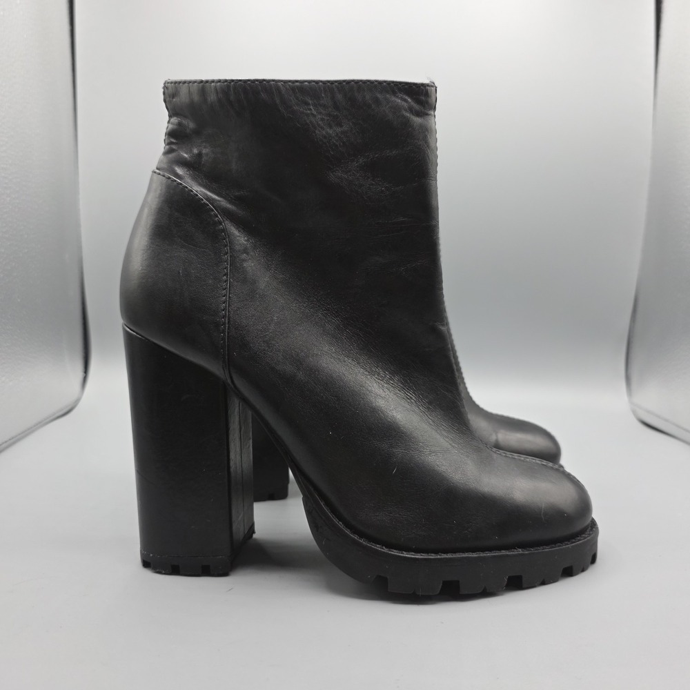 Schutz Boots Womens 39 Black Leather Chunky Lug Sole High Heel Booties Zipper - Picture 5 of 13